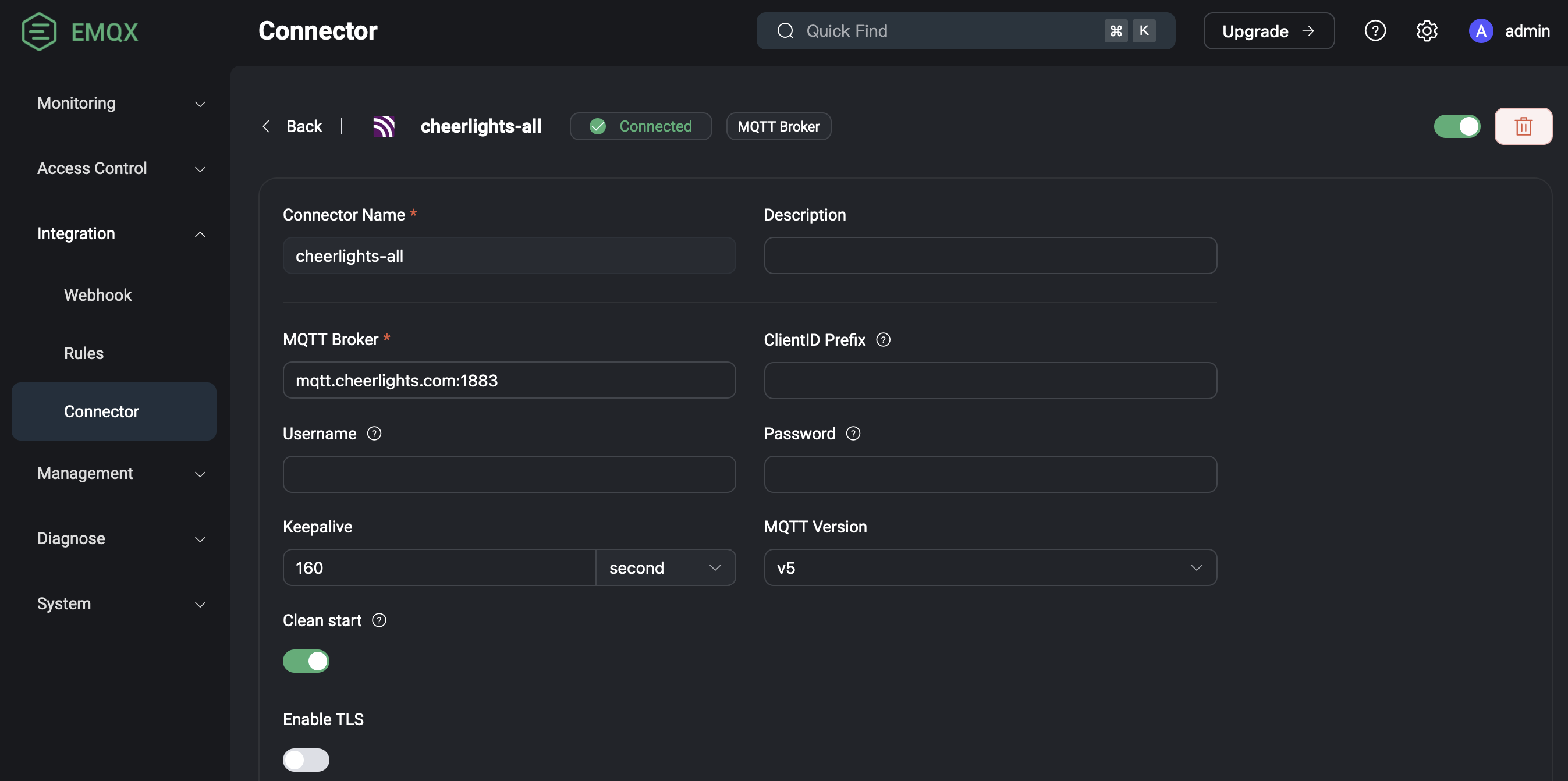 Connector setup view